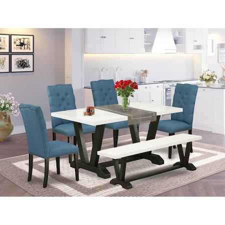 East West Furniture 6 Piece V-Style Fashionable Dining Set - Wire Brushed Black V626EL121-6